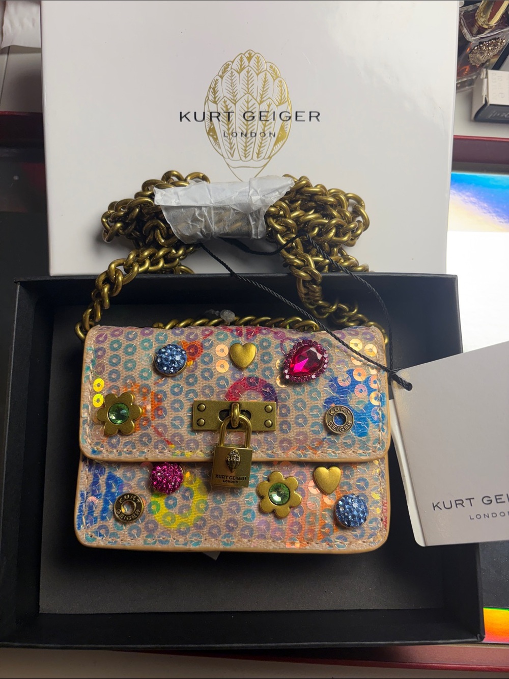 Kurt Geiger Multicolor Jeweled Micro Brixton Crystal Crossbody Bag NWT